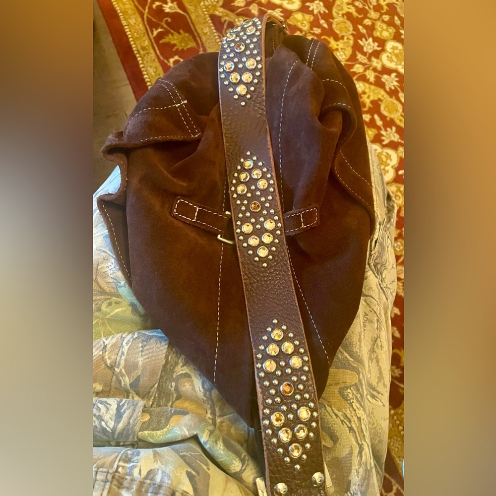 TYLIE MALIBU Brown Suede Hobo Shoulder Bag w Jeweled Strap. Medium Sized